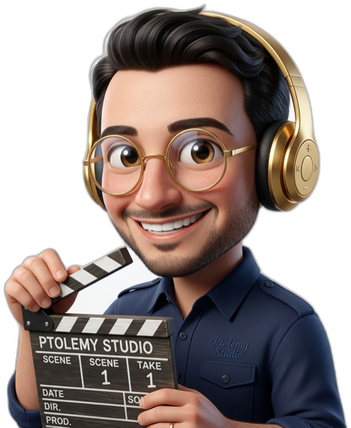 Ptolemy, the Studio's mascot, holding up a Ptolemy Studio clapperboard
